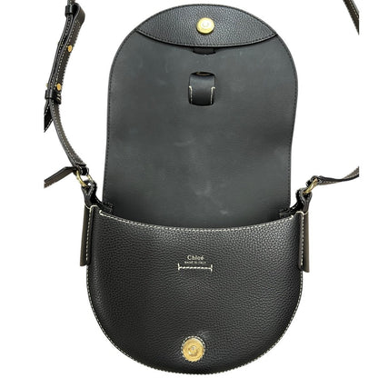 CHLOÉ Grained Calfskin Darryl Small Saddle Bag Shoulder Bag Black Gold Hardware TK76