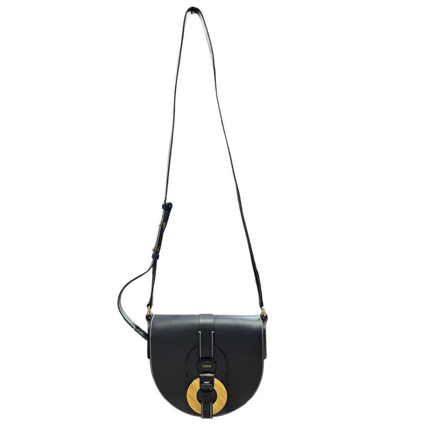 CHLOE Grained Calfskin Darryl Small Saddle Bag Shoulder Bag Black Gold Hardware TK76