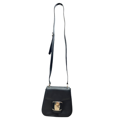 SALVATORE FERRAGAMO Leather Gancini Flap Shoulder Bag Shoulder Bag Black Silver Hardware TK57