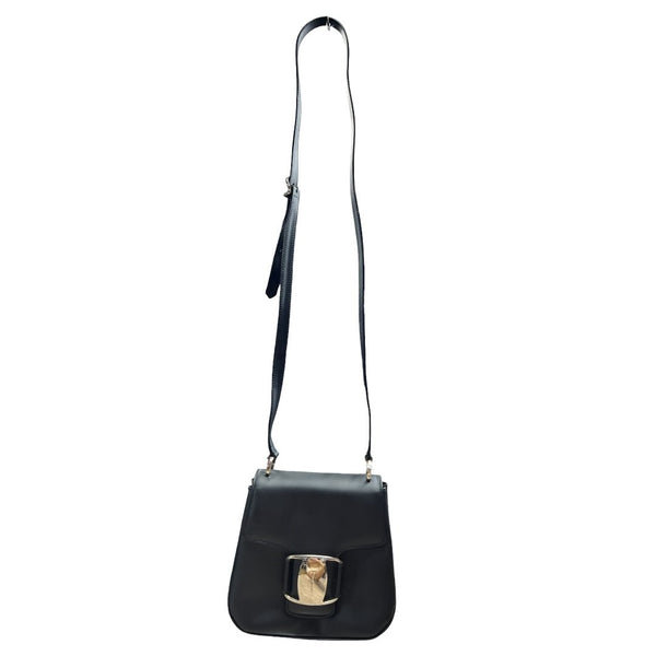SALVATORE FERRAGAMO Leather Gancini Flap Shoulder Bag Shoulder Bag Black Silver Hardware TK57