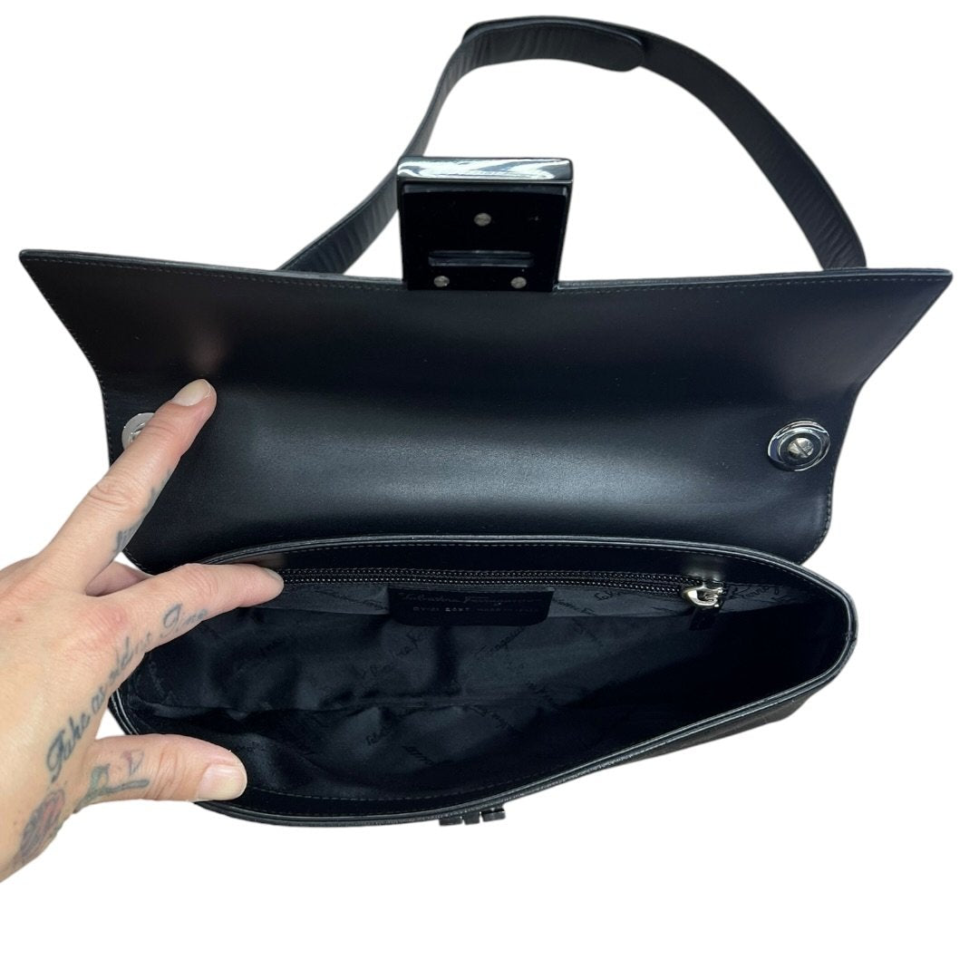 SALVATORE FERRAGAMO Suede Gancini Flap Shoulder Bag Shoulder Bag Black Silver Hardware TK61