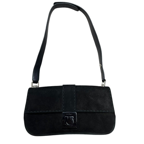 SALVATORE FERRAGAMO Suede Gancini Flap Shoulder Bag Shoulder Bag Black Silver Hardware TK61