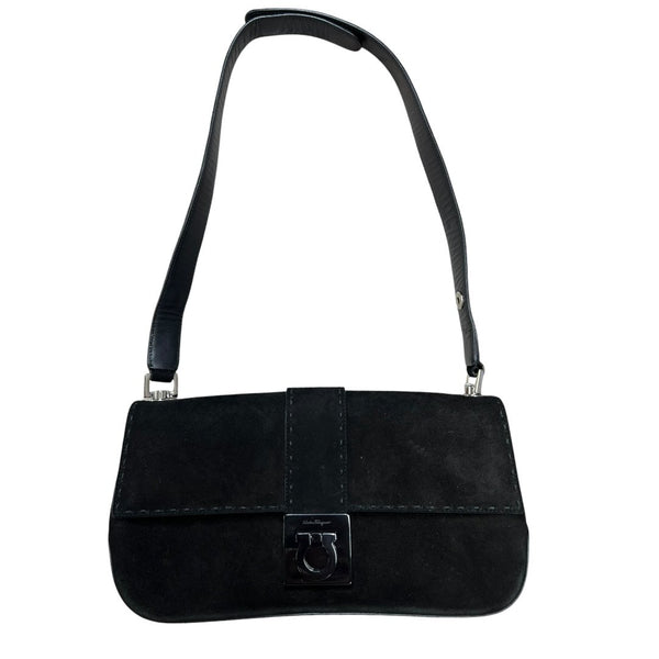 SALVATORE FERRAGAMO Suede Gancini Flap Shoulder Bag Shoulder Bag Black Silver Hardware TK61