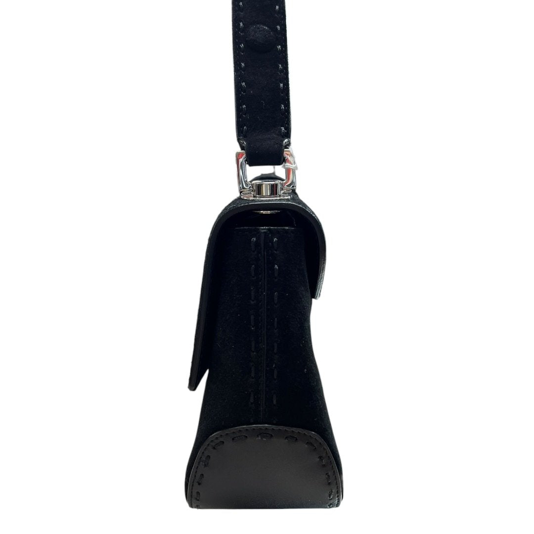SALVATORE FERRAGAMO Suede Gancini Flap Shoulder Bag Shoulder Bag Black Silver Hardware TK61