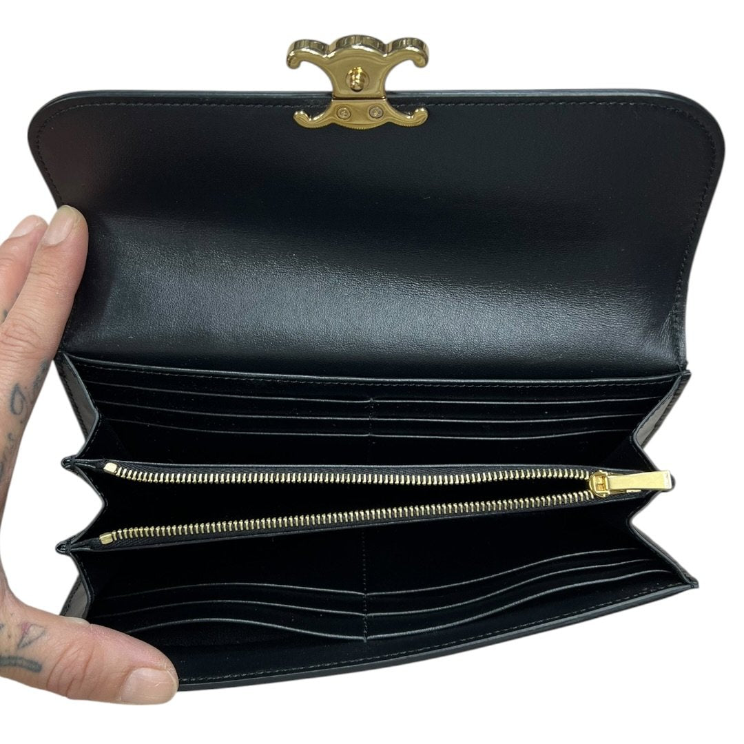 CELINE Smooth Leather Triomphe Long Wallet Wallet Black Gold Hardware TK56