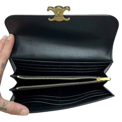 CELINE Smooth Leather Triomphe Long Wallet Wallet Black Gold Hardware TK56