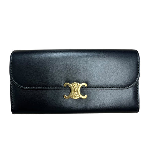 CELINE Smooth Leather Triomphe Long Wallet Wallet Black Gold Hardware TK56