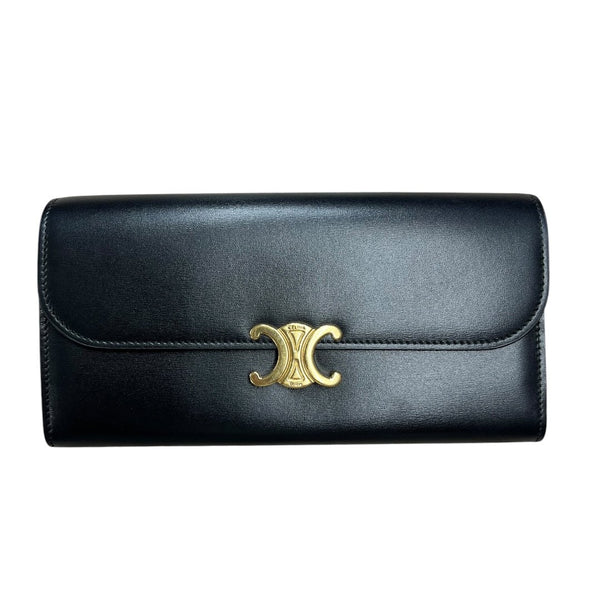 CELINE Smooth Leather Triomphe Long Wallet Wallet Black Gold Hardware TK56
