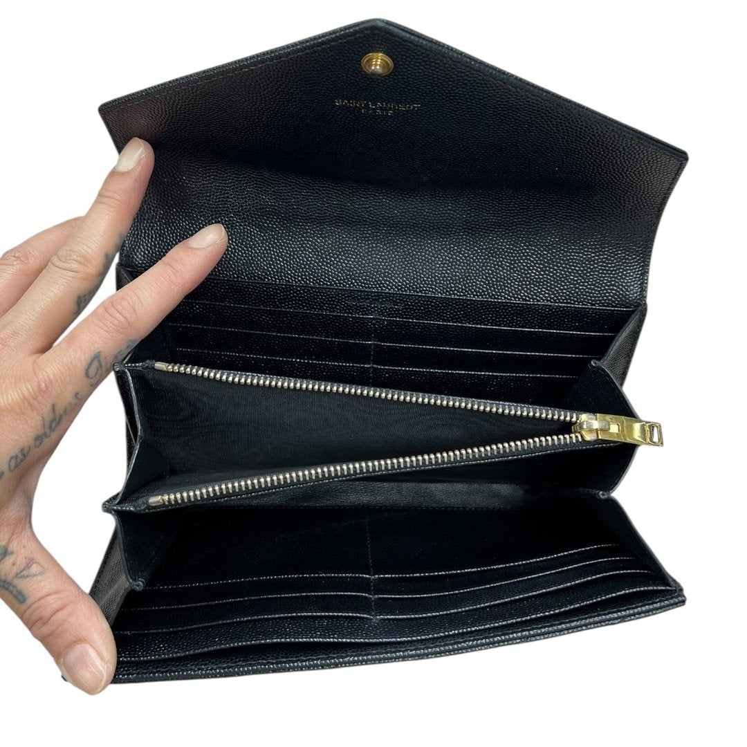 SAINT LAURENT Grain de Poudre Leather Monogram Envelope Wallet Wallet Black Gold Hardware TK66