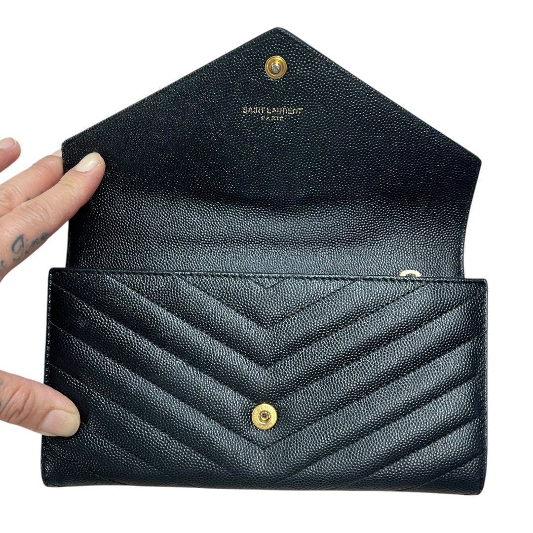 SAINT LAURENT Grain de Poudre Leather Monogram Envelope Wallet Wallet Black Gold Hardware TK66
