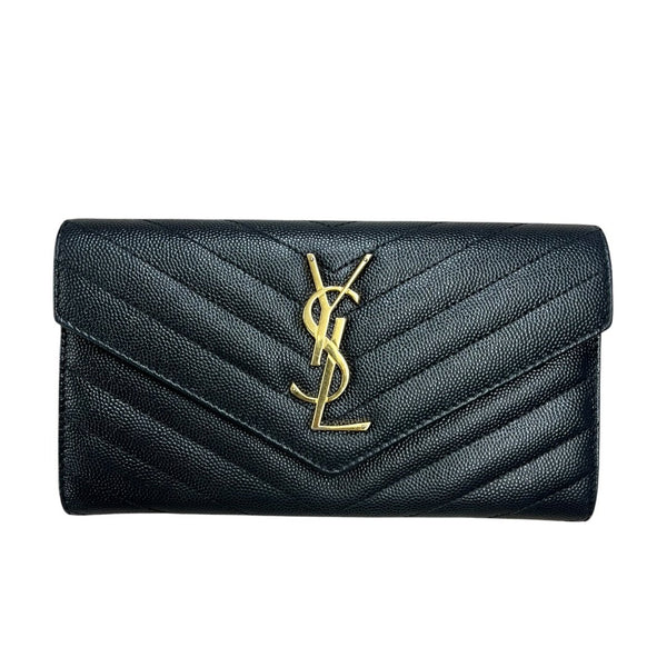 SAINT LAURENT Grain de Poudre Leather Monogram Envelope Wallet Wallet Black Gold Hardware TK66