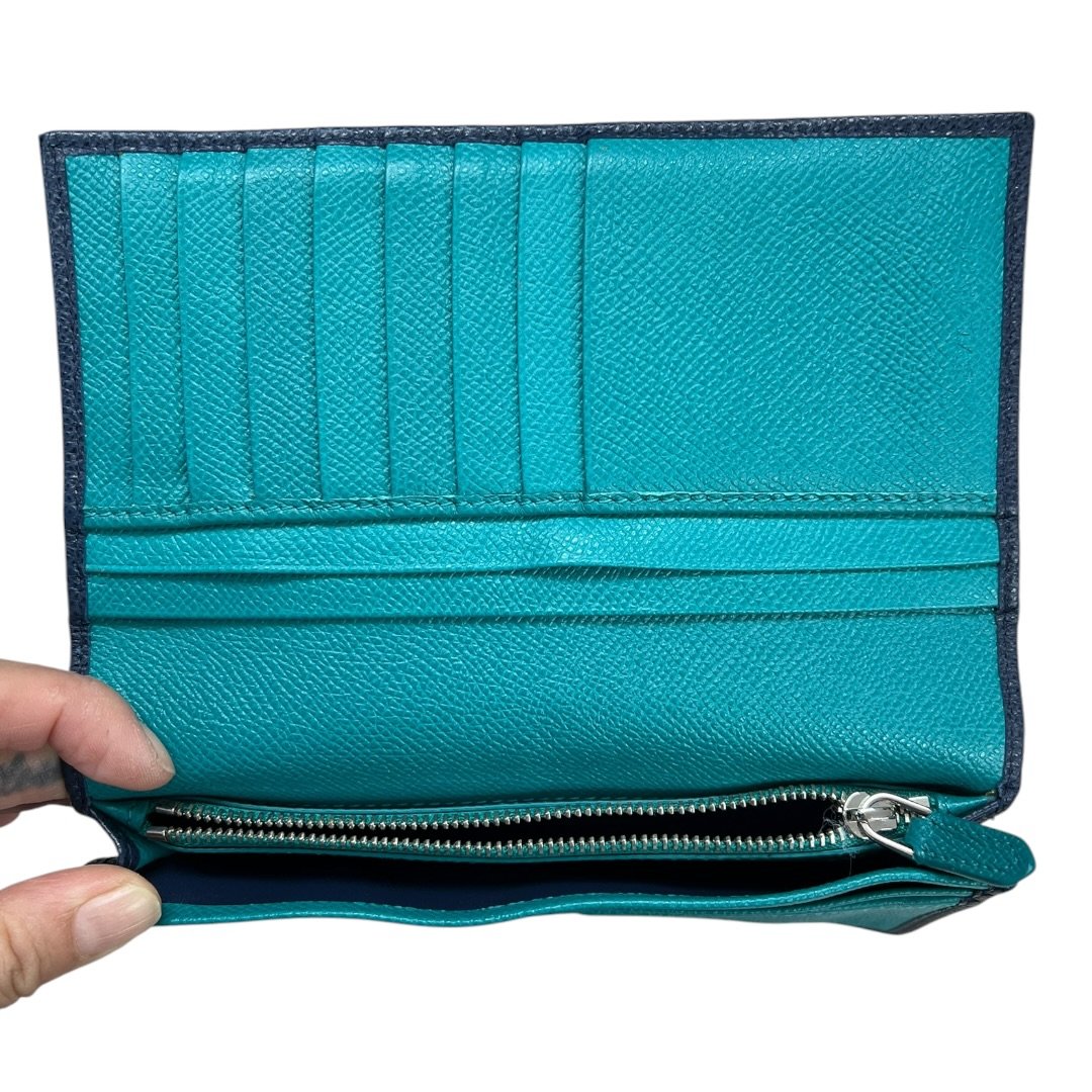 BVLGARI Grained Calf BVLGARI BVLGARI Long Wallet Wallet Dark Blue (exterior), Turquoise (interior) Silver Hardware NJ167