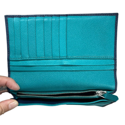 BVLGARI Grained Calf BVLGARI BVLGARI Long Wallet Wallet Dark Blue (exterior), Turquoise (interior) Silver Hardware NJ167