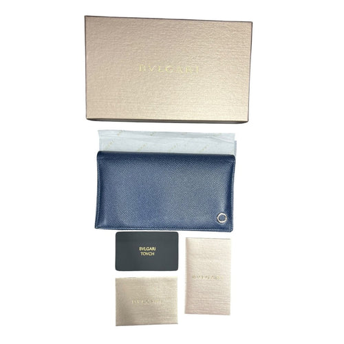 BVLGARI Grained Calf BVLGARI BVLGARI Long Wallet Wallet Dark Blue (exterior), Turquoise (interior) Silver Hardware NJ167