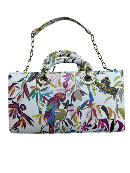 Christian Dior Printed Leather Tropical Print Top Handle Bag Handbag White, Multi-color Silver Hardware JU218