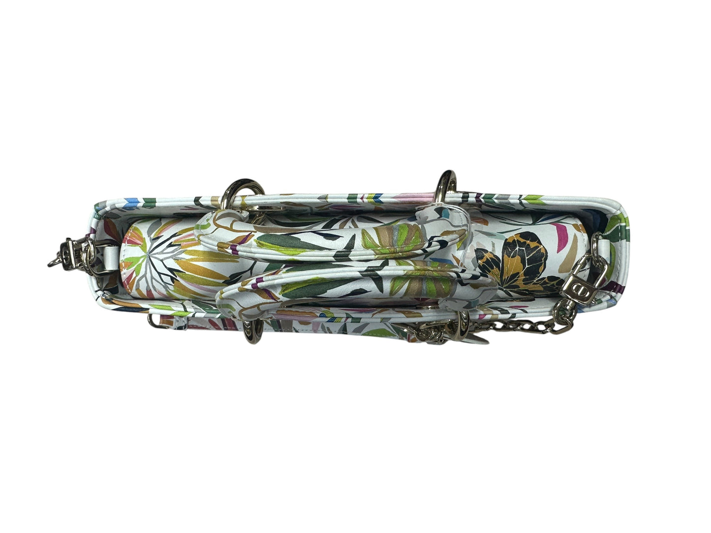 Christian Dior Printed Leather Tropical Print Top Handle Bag Handbag White, Multi-color Silver Hardware JU218