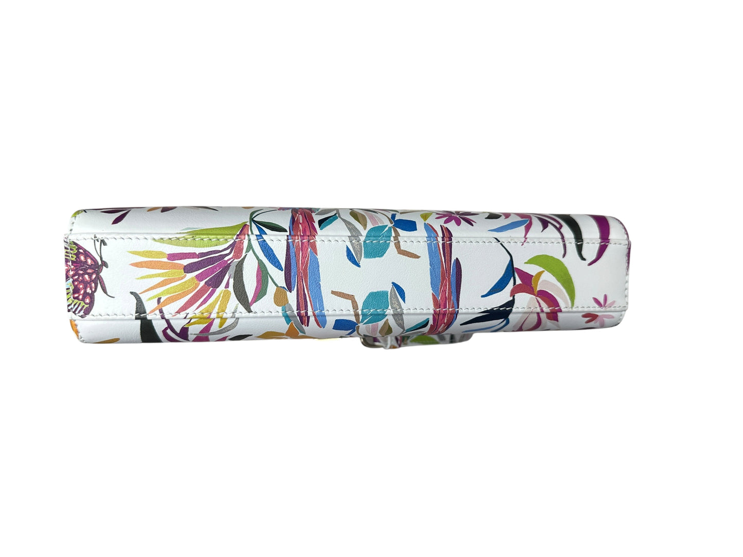 Christian Dior Printed Leather Tropical Print Top Handle Bag Handbag White, Multi-color Silver Hardware JU218