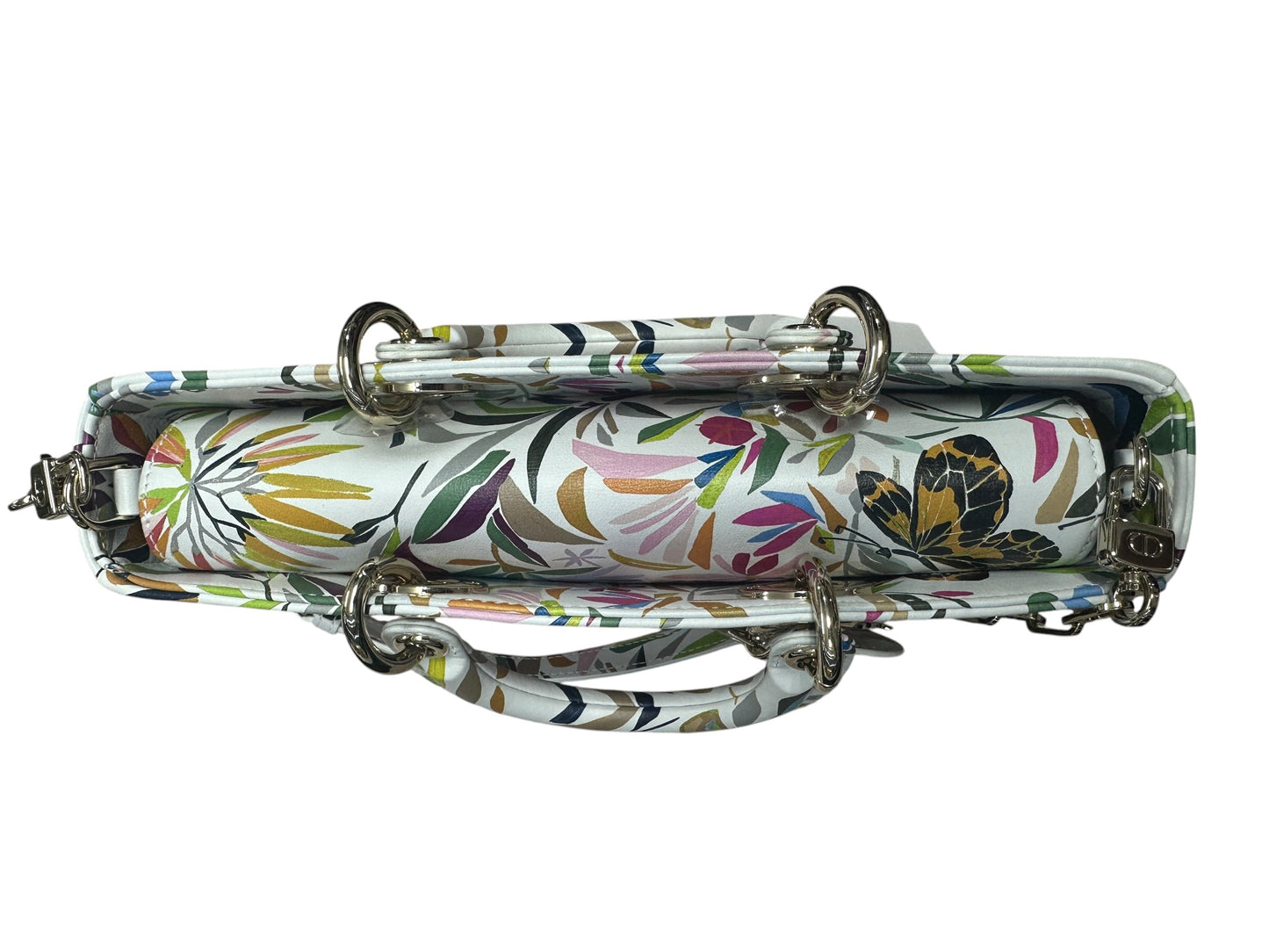 Christian Dior Printed Leather Tropical Print Top Handle Bag Handbag White, Multi-color Silver Hardware JU218