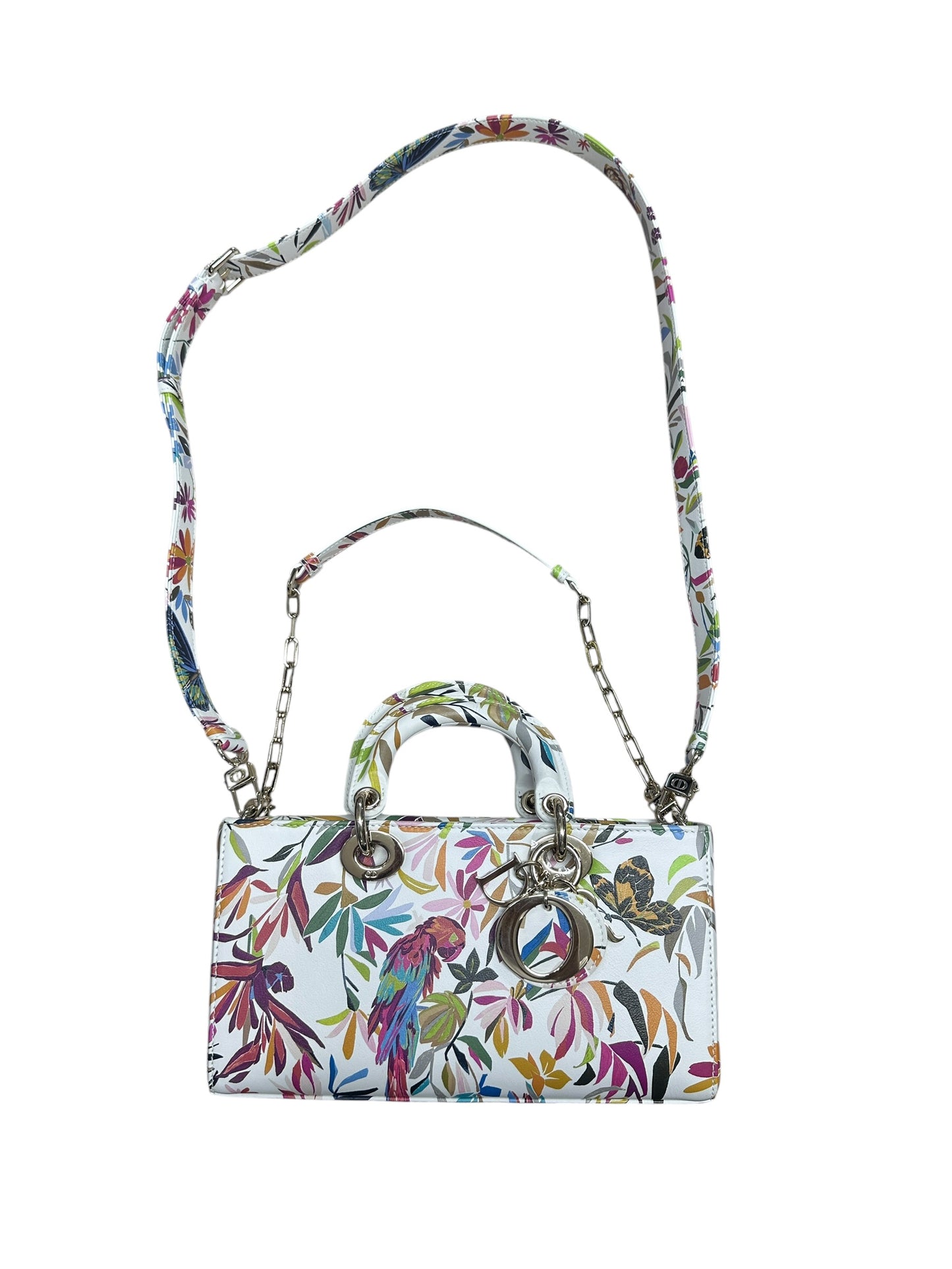 Christian Dior Printed Leather Tropical Print Top Handle Bag Handbag White, Multi-color Silver Hardware JU218