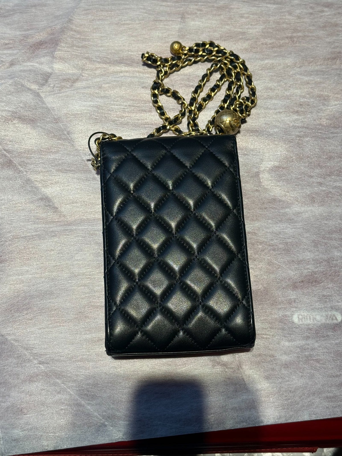 CHANEL Lambskin Pearl Crush Phone Holder Crossbody Bag Black Gold Hardware Ch2288