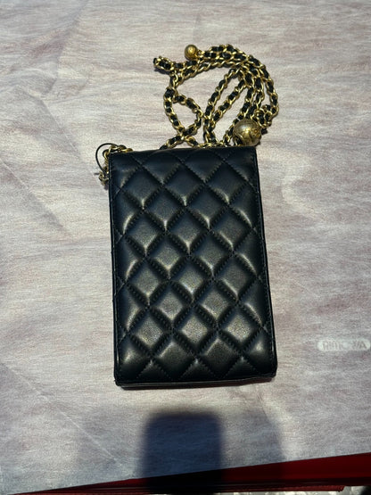 CHANEL Lambskin Pearl Crush Phone Holder Crossbody Bag Black Gold Hardware Ch2288