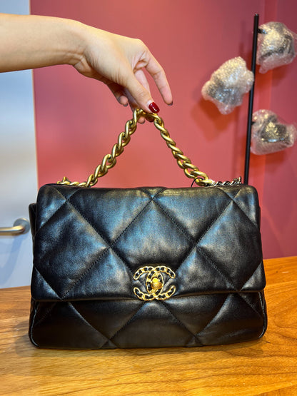 CHANEL Lambskin 19 Flap Bag Shoulder Bag Black Gold and Ruthenium Hardware Ch2287