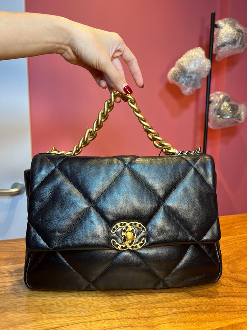 CHANEL Lambskin 19 Flap Bag Shoulder Bag Black Gold and Ruthenium Hardware Ch2287