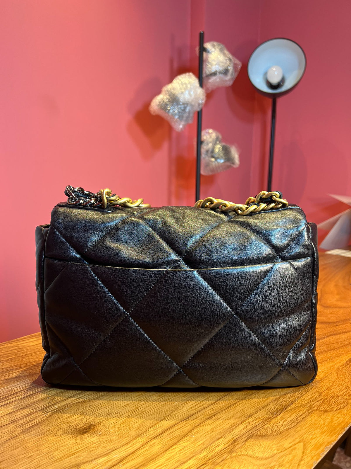 CHANEL Lambskin 19 Flap Bag Shoulder Bag Black Gold and Ruthenium Hardware Ch2287