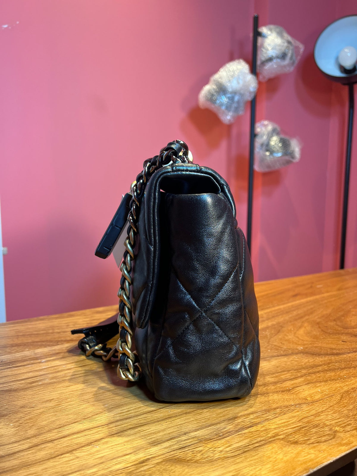 CHANEL Lambskin 19 Flap Bag Shoulder Bag Black Gold and Ruthenium Hardware Ch2287