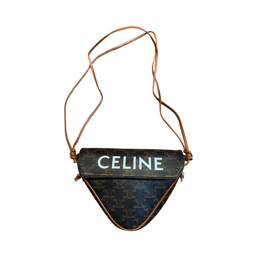 CELINE Canvas, Leather Triomphe Triangle Bag Shoulder Bag Brown, Tan, White Gold-tone Hardware Ce273