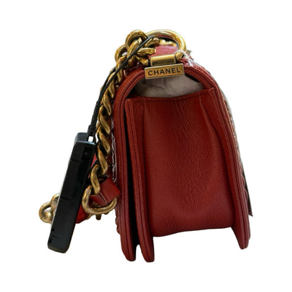 CHANEL Caviar Leather Boy Shoulder Bag Red Gold Hardware Ch2265