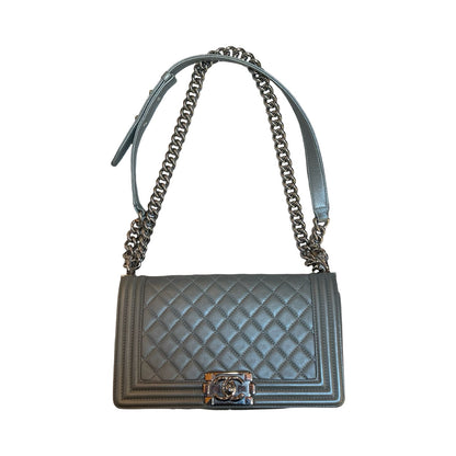 CHANEL Caviar Boy Bag Shoulder Bag Metallic Grey Ruthenium Hardware Ch2267