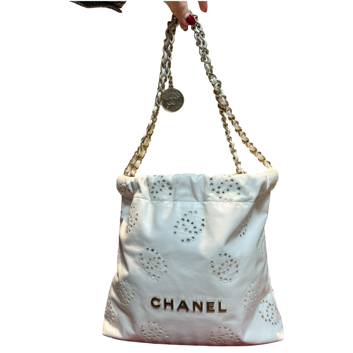 CHANEL Leather 22 Shoulder Bag White Gold Hardware Ch2281