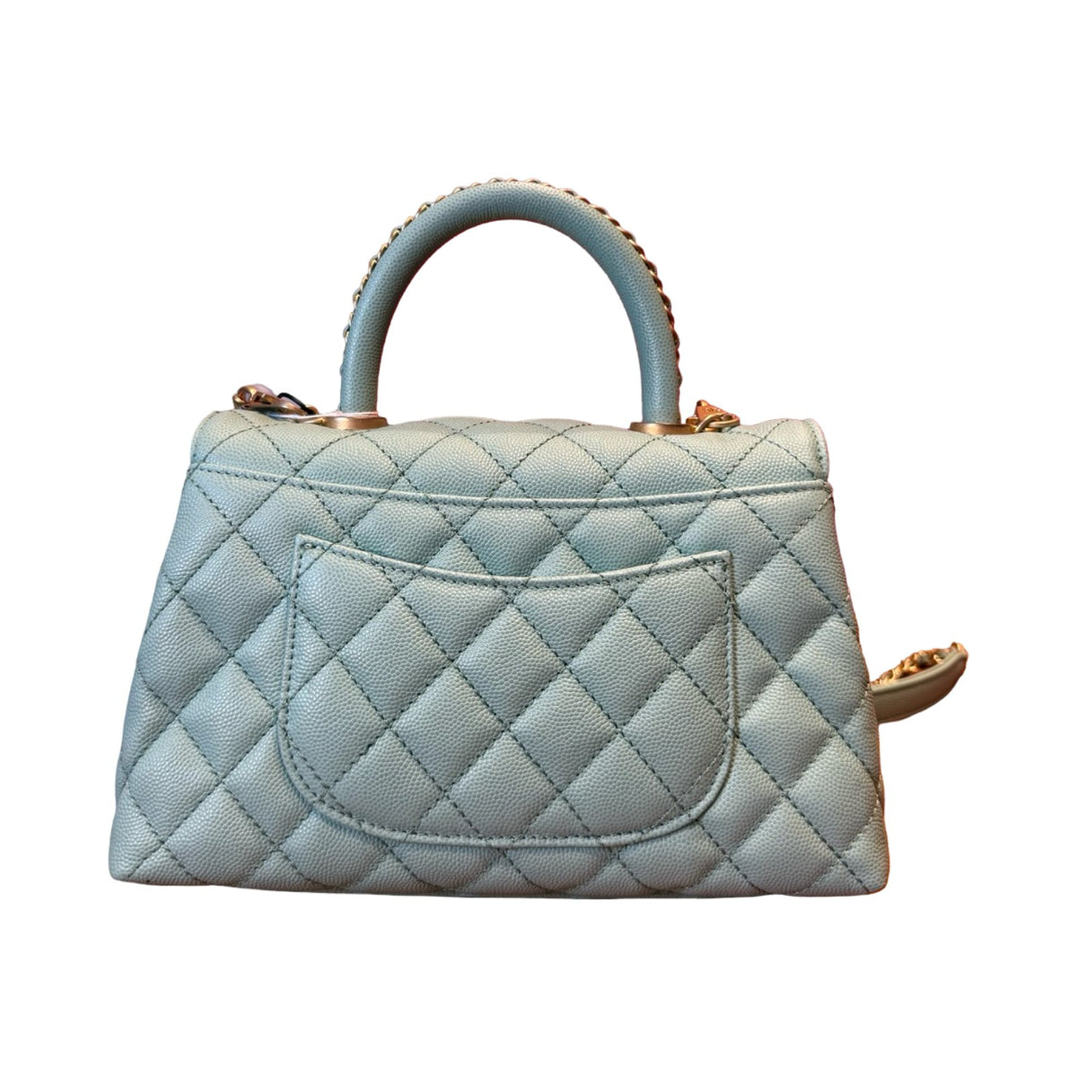 CHANEL Caviar Coco Handle Handbag Light Green Gold Hardware Ch2282