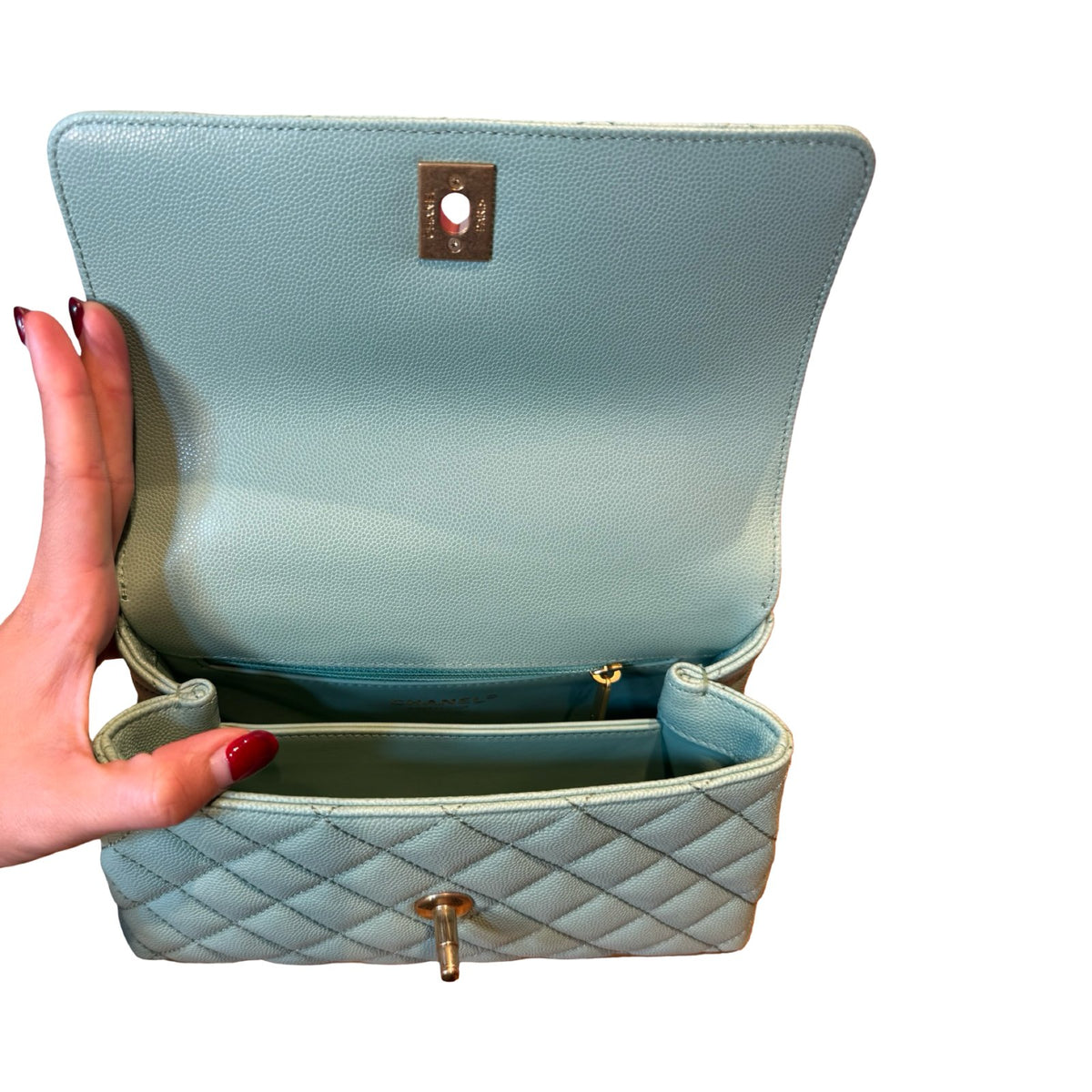CHANEL Caviar Coco Handle Handbag Light Green Gold Hardware Ch2282