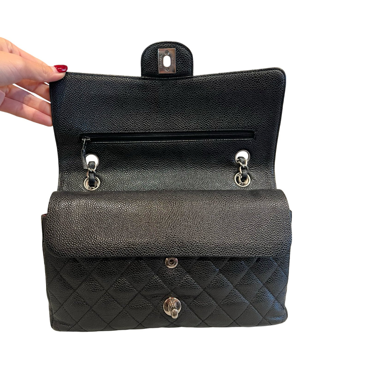 CHANEL Caviar Classic Flap Shoulder Bag Black Silver Hardware Ch2275