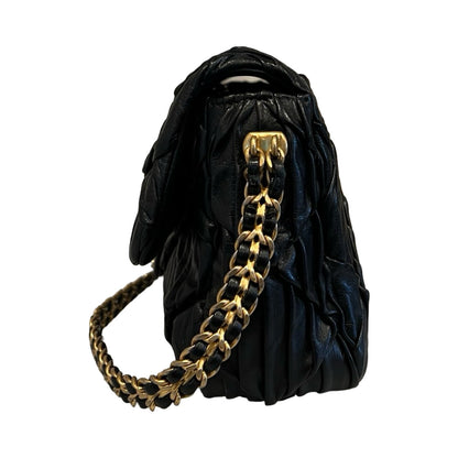CHANEL Lambskin Pleated Flap Bag Shoulder Bag Black Gold Hardware Ch2284