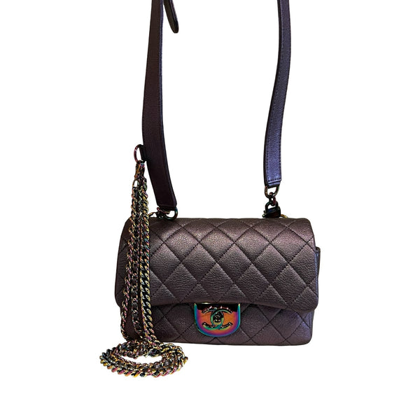 CHANEL Caviar Leather Classic Flap Shoulder Bag Iridescent Metallic Purple Iridescent Hardware Ch2291