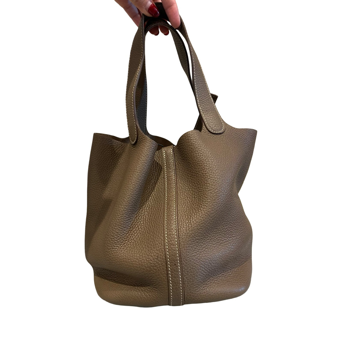 HERMÈS Clemence Picotin Lock Bucket Bag Taupe Silver Hardware He490