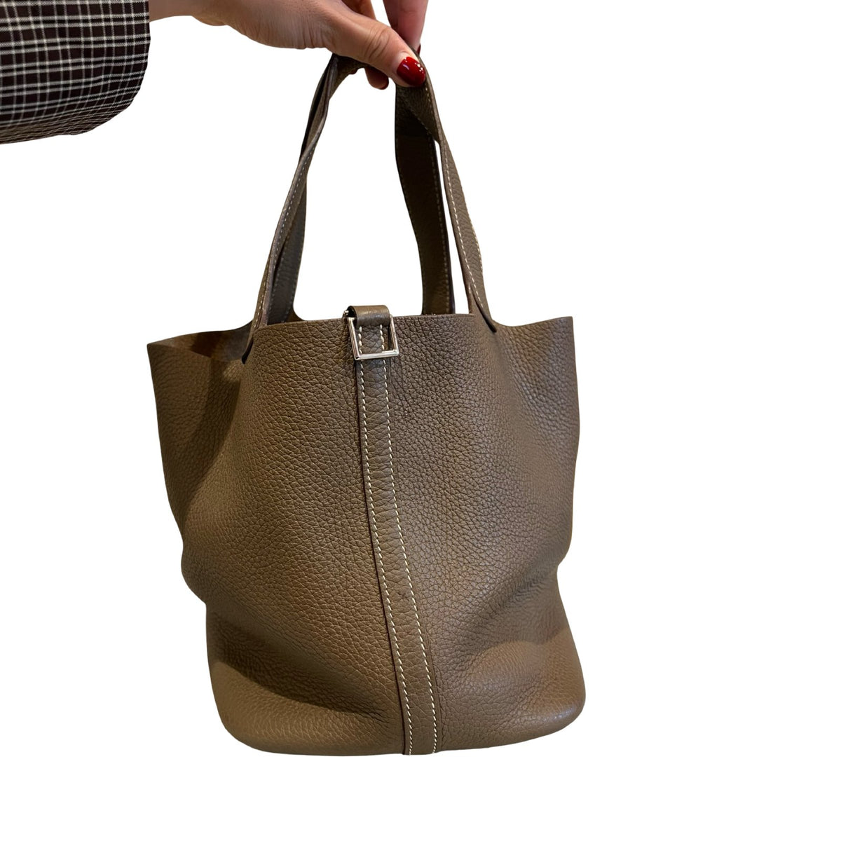 HERMÈS Clemence Picotin Lock Bucket Bag Taupe Silver Hardware He490