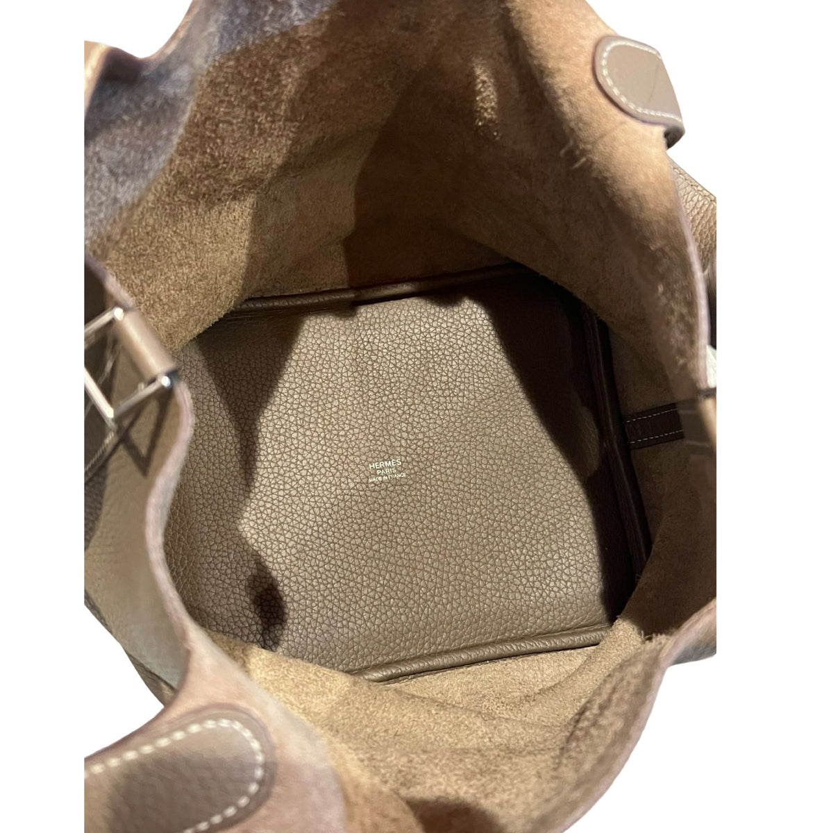 HERMÈS Clemence Picotin Lock Bucket Bag Taupe Silver Hardware He490