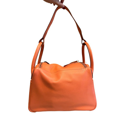 HERMES Clemence Lindy Handbag Orange Silver Hardware He494