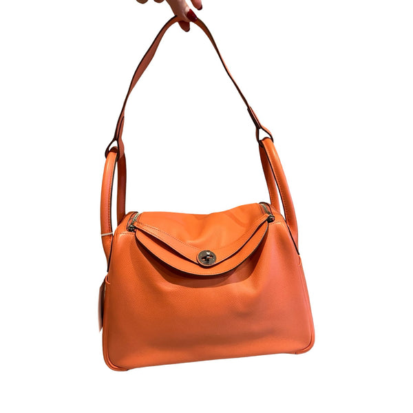 HERMES Clemence Lindy Handbag Orange Silver Hardware He494