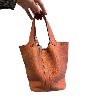 HERMES Clemence Picotin Lock Handbag Orange Silver Hardware He495