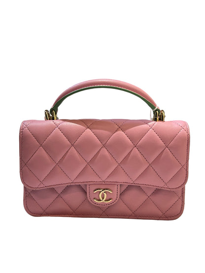 CHANEL Lambskin Coco Handle Mini Flap Bag Shoulder Bag / Top Handle Bag Pink with Green accents Gold Hardware Ry14