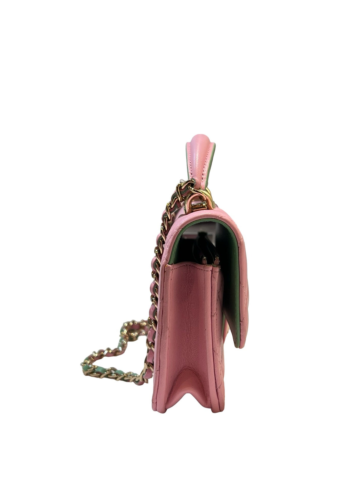 CHANEL Lambskin Coco Handle Mini Flap Bag Shoulder Bag / Top Handle Bag Pink with Green accents Gold Hardware Ry14