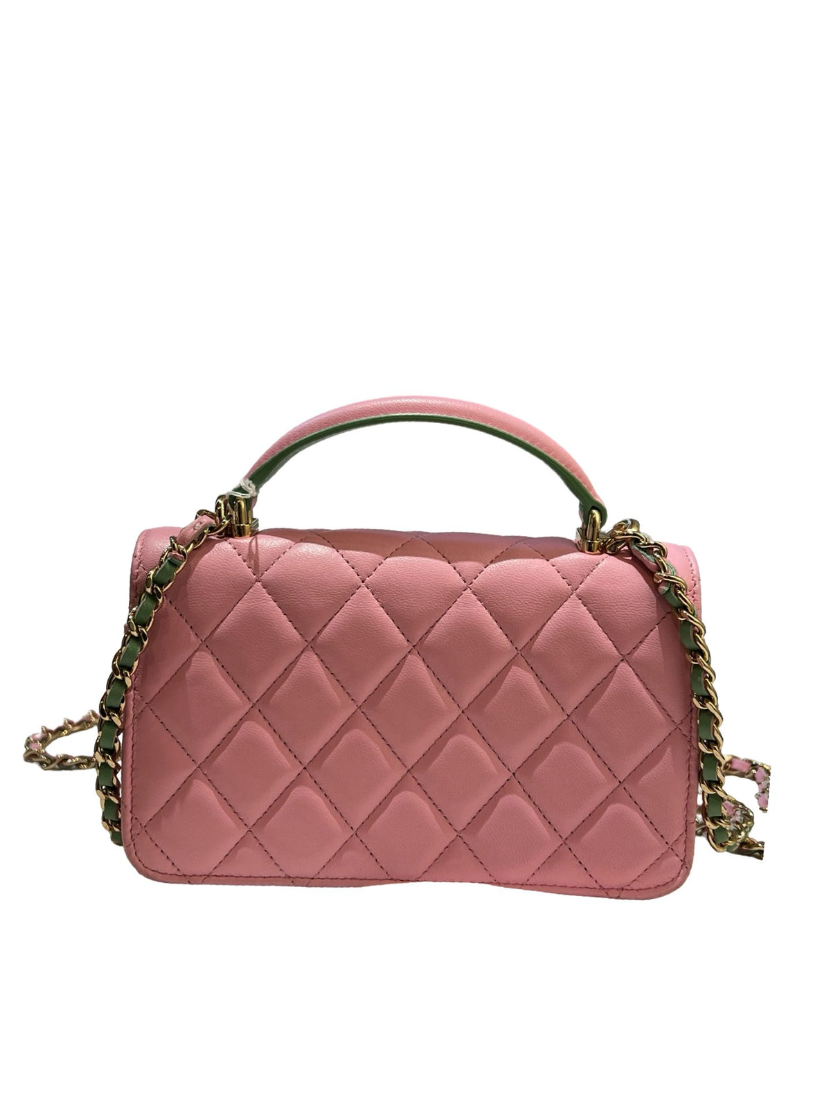 CHANEL Lambskin Coco Handle Mini Flap Bag Shoulder Bag / Top Handle Bag Pink with Green accents Gold Hardware Ry14