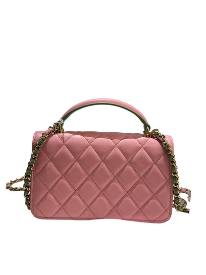 CHANEL Lambskin Coco Handle Mini Flap Bag Shoulder Bag / Top Handle Bag Pink with Green accents Gold Hardware Ry14