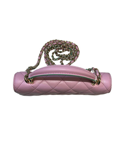 CHANEL Lambskin Coco Handle Mini Flap Bag Shoulder Bag / Top Handle Bag Pink with Green accents Gold Hardware Ry14