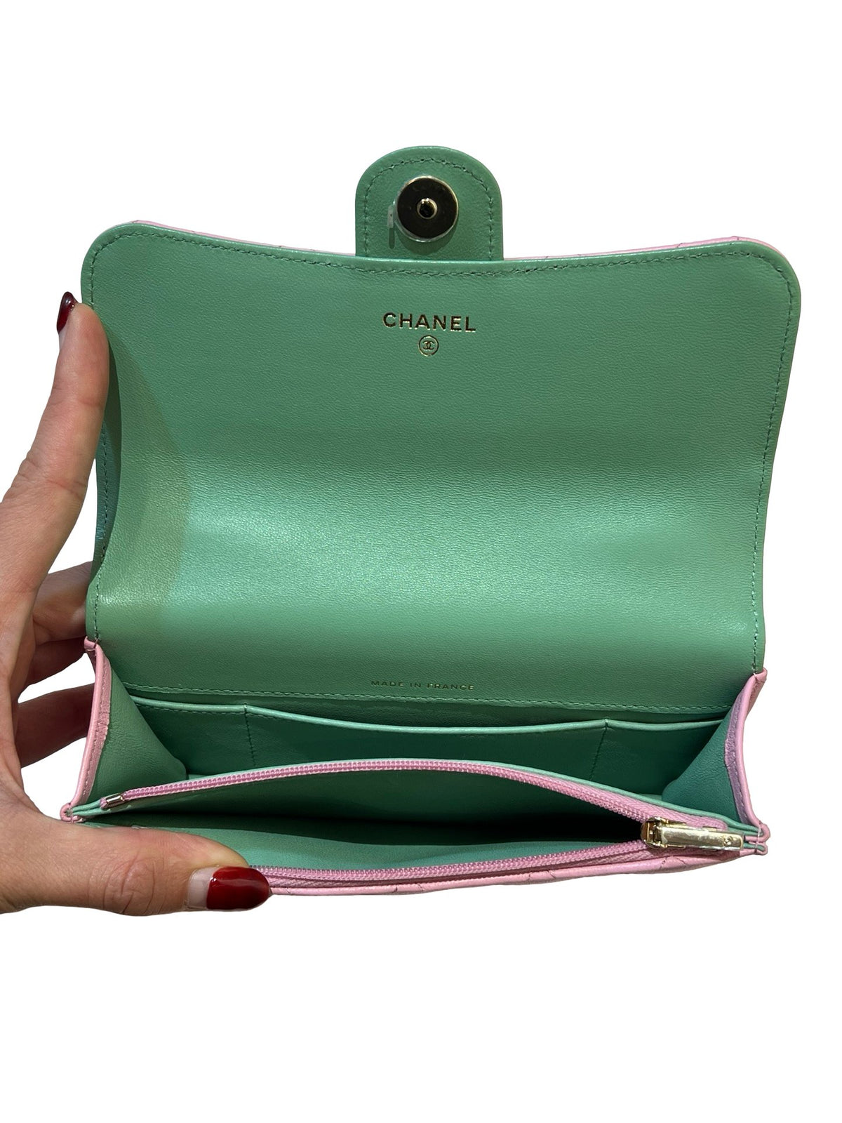 CHANEL Lambskin Coco Handle Mini Flap Bag Shoulder Bag / Top Handle Bag Pink with Green accents Gold Hardware Ry14